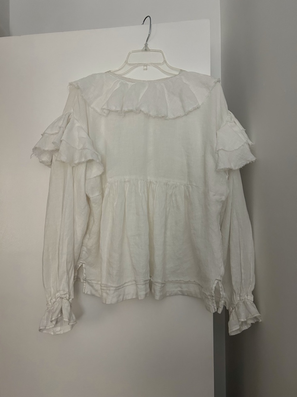 Free People Ruffle Linen Blouse in Ivory. - Picture 5 of 11